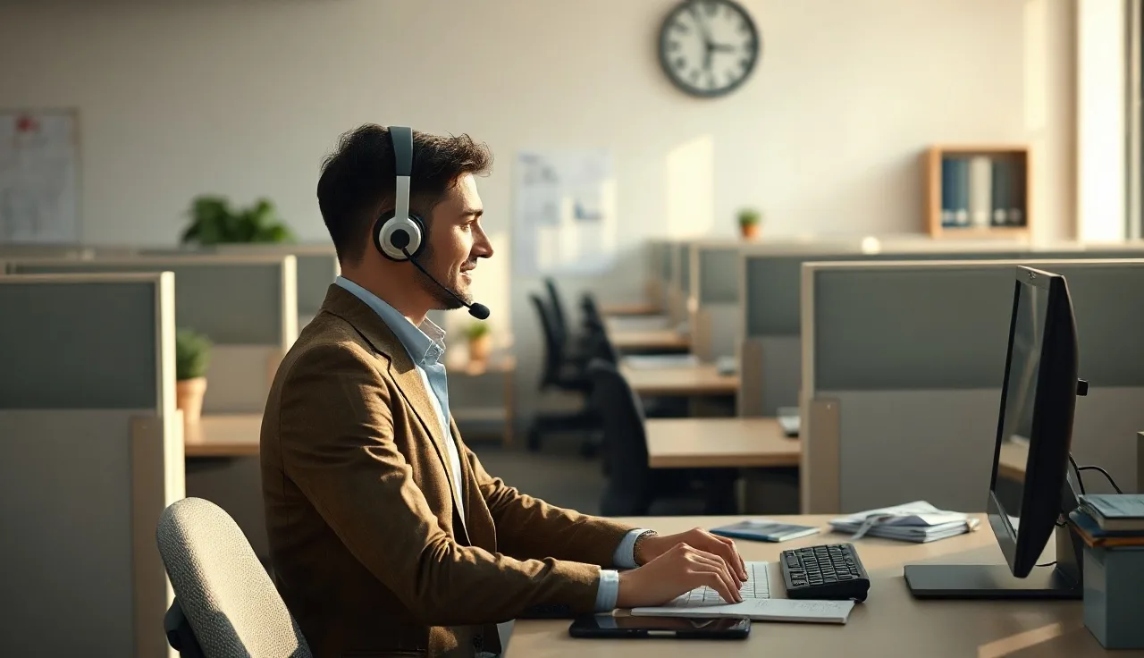 Sales agent on headset at a compliance-focused outbound call center desk