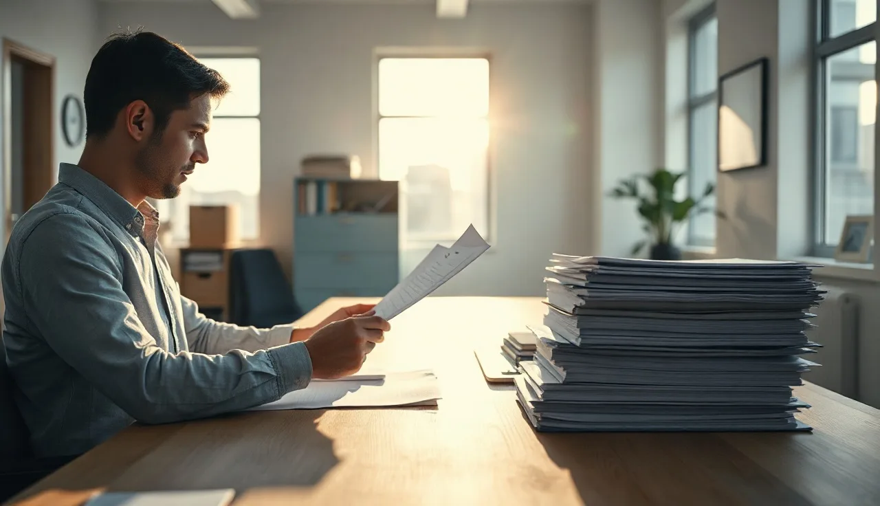 Office worker reviewing compliance documents at a desk for telemarketing record retention