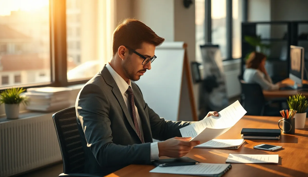 Business professional reviewing compliance documents at a desk under office light