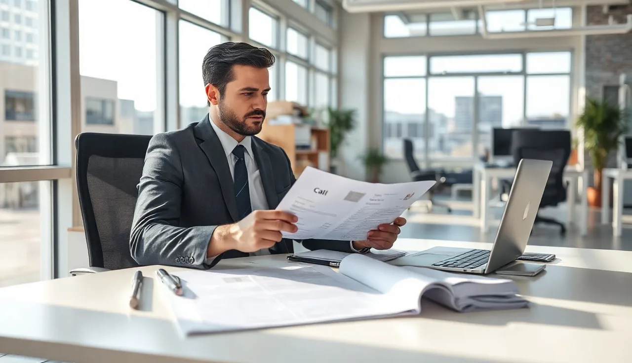 Sales professional reviewing outbound call compliance records at a desk