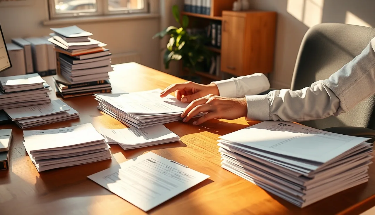 Compliance officer reviewing telemarketing call logs at a sunlit wooden desk