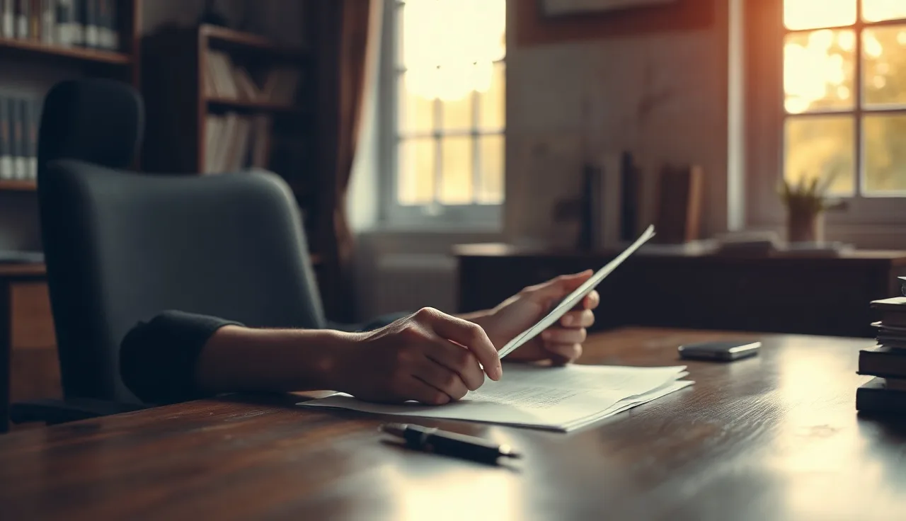 Person reviewing compliance documents at a desk under natural window light