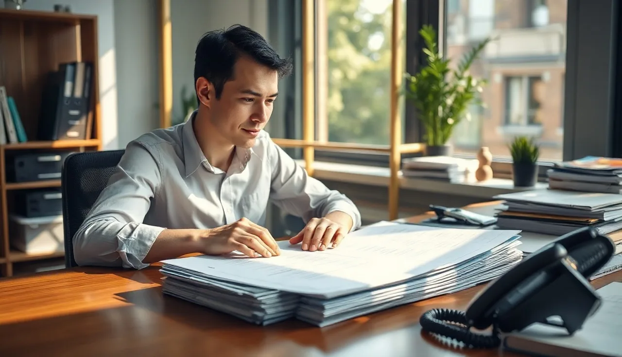 Compliance officer reviewing telemarketing call logs at a desk in afternoon light