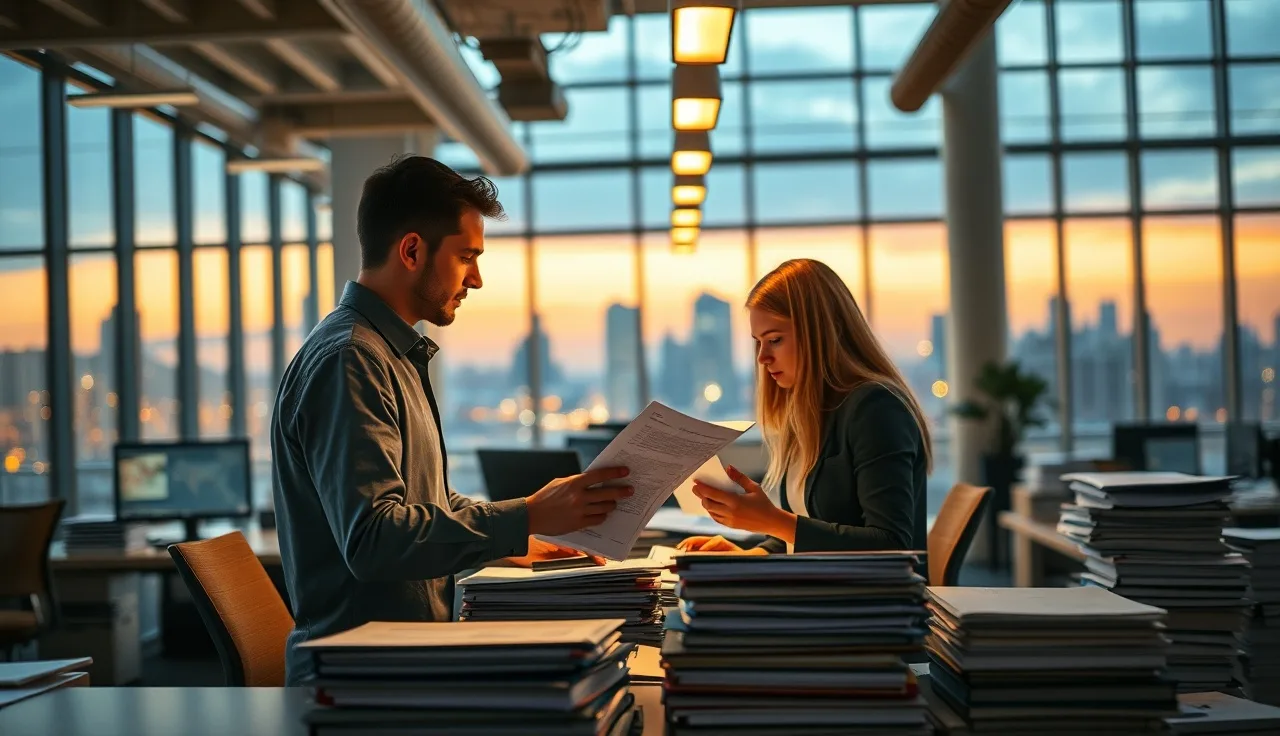 Two compliance professionals reviewing affiliate lead consent documents at an office desk