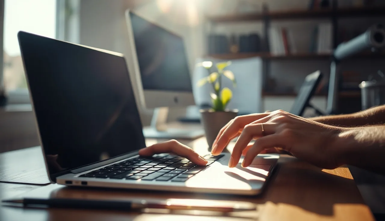 Hands on a laptop keyboard in a warmly lit home office during chatbot compliance work