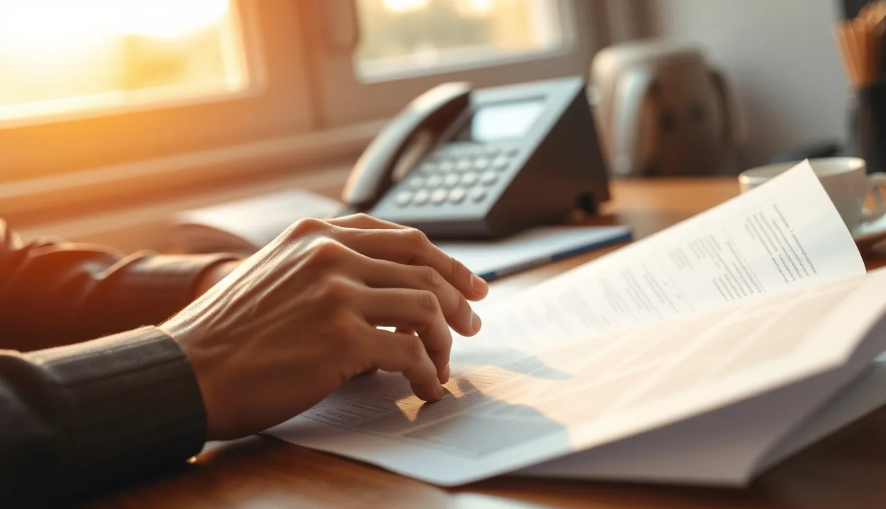 Hands reviewing compliance documents at a desk with a phone nearby