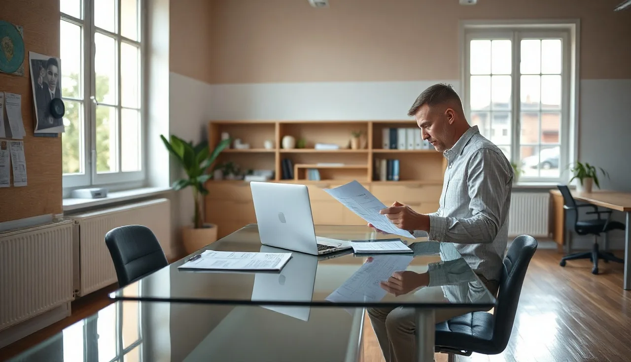 Two professionals reviewing compliance documents at a glass desk in a European office