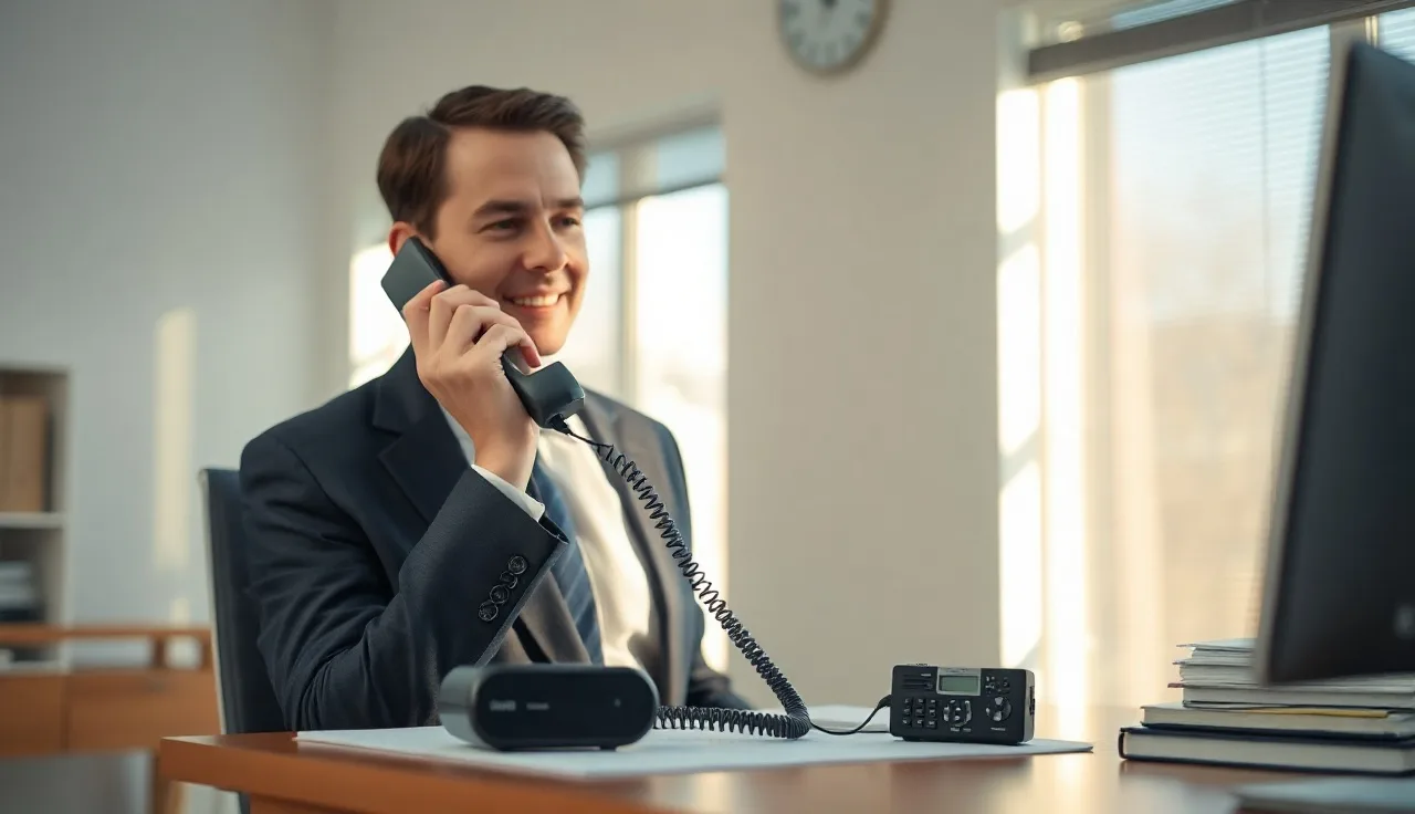 Person on office phone with a recording device visible on the desk