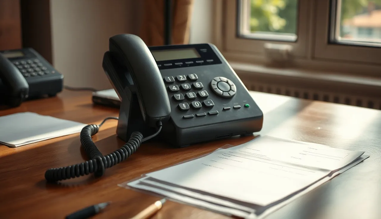 Office telephone beside a signature form on a wooden desk in afternoon light