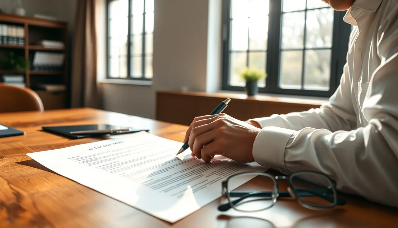 Person reviewing a legal consent document at a desk in morning light