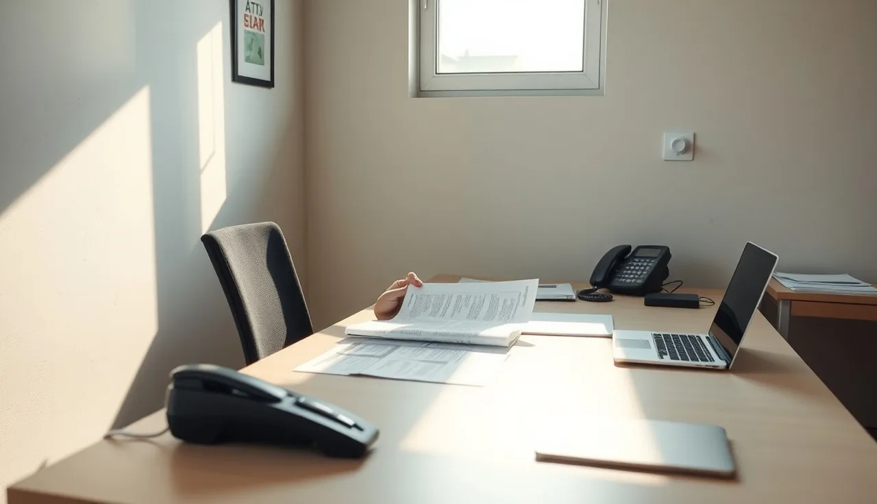 Person reviewing compliance documents at desk with office phone nearby