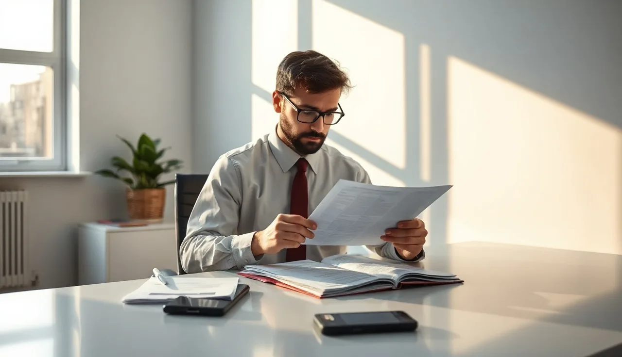 Compliance officer reviewing TCPA consent documents at a desk with a phone nearby