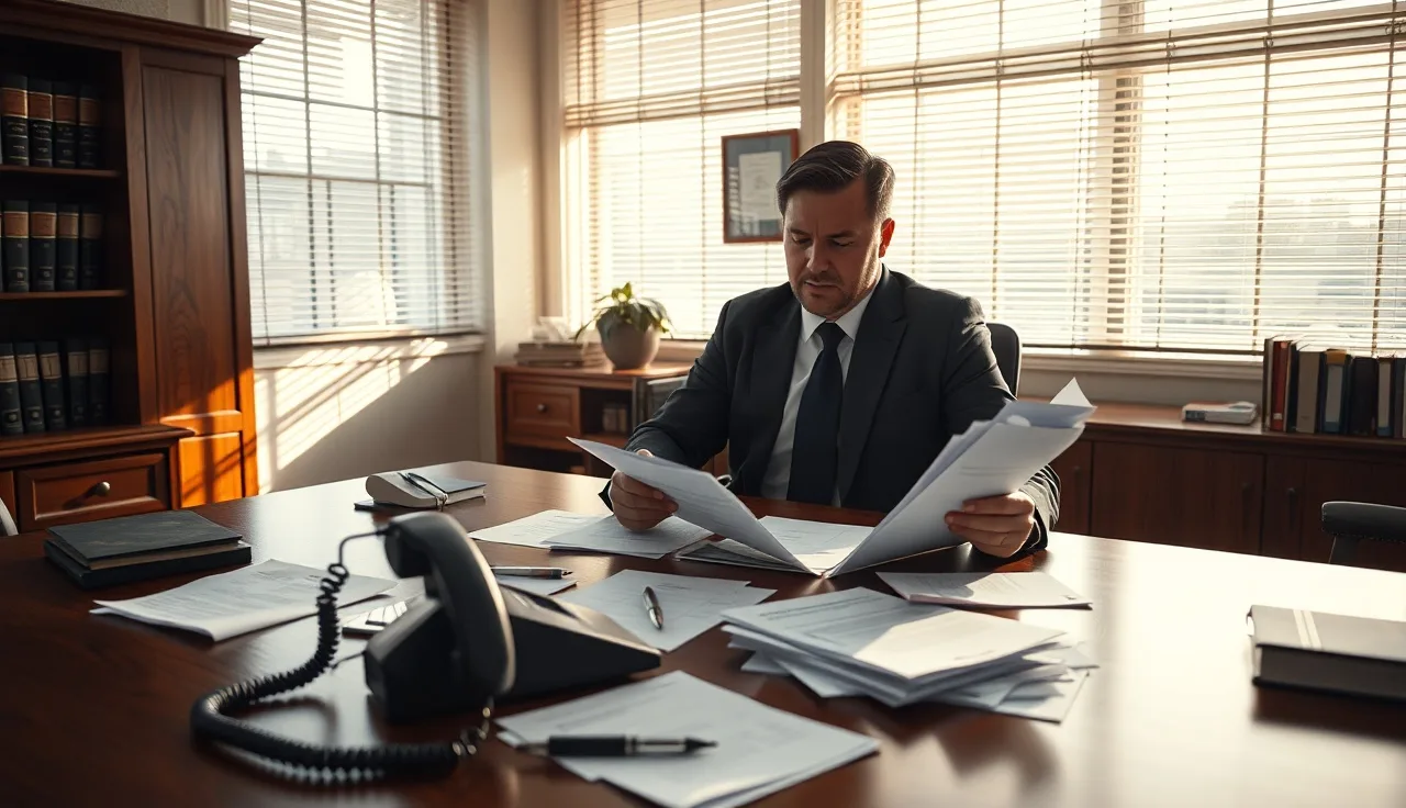Compliance officer reviewing telemarketing consent forms at a desk with afternoon light