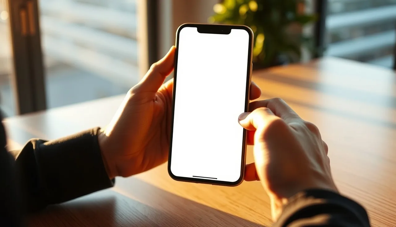 Person holding smartphone at desk, marketing text consent compliance concept