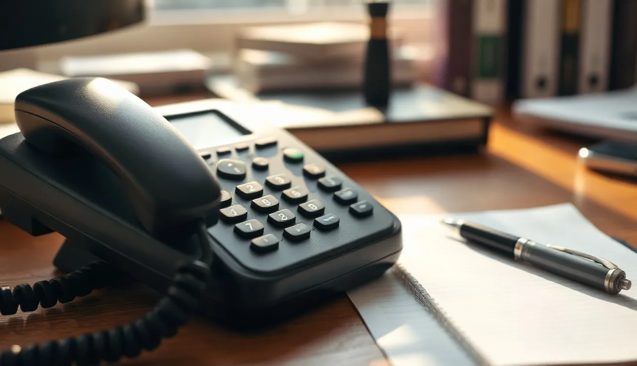 Office phone handset on a desk beside a notepad, call recording compliance