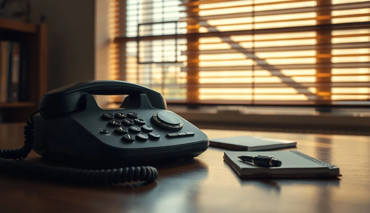 Landline telephone on a wooden desk representing prerecorded telemarketing call compliance