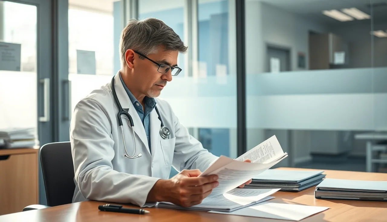 Healthcare administrator reviewing compliance documents at a hospital administrative desk