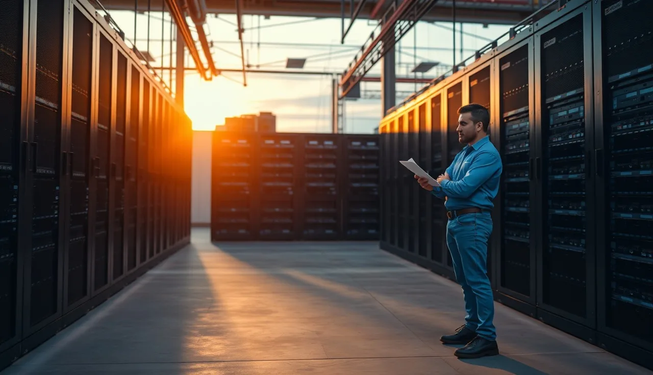 Server room with hardware racks and technician reviewing consent record documentation
