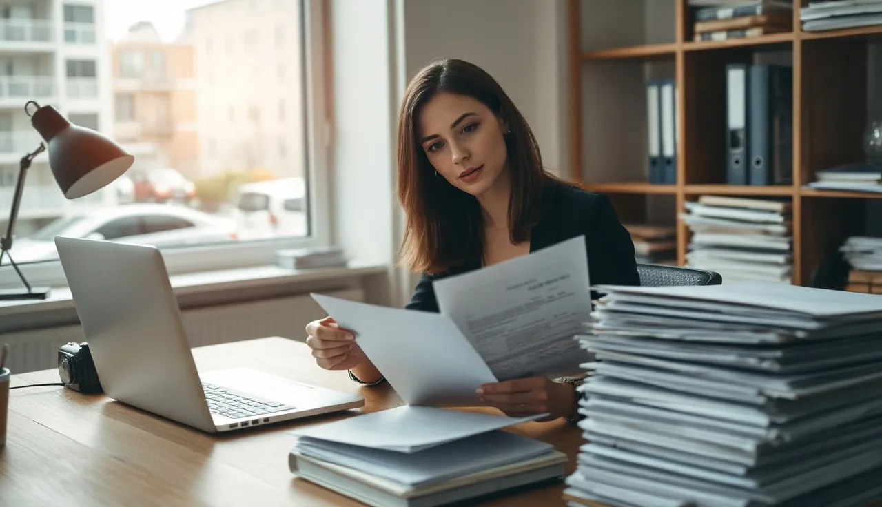 Woman reviewing compliance documents and laptop at office desk with file folders