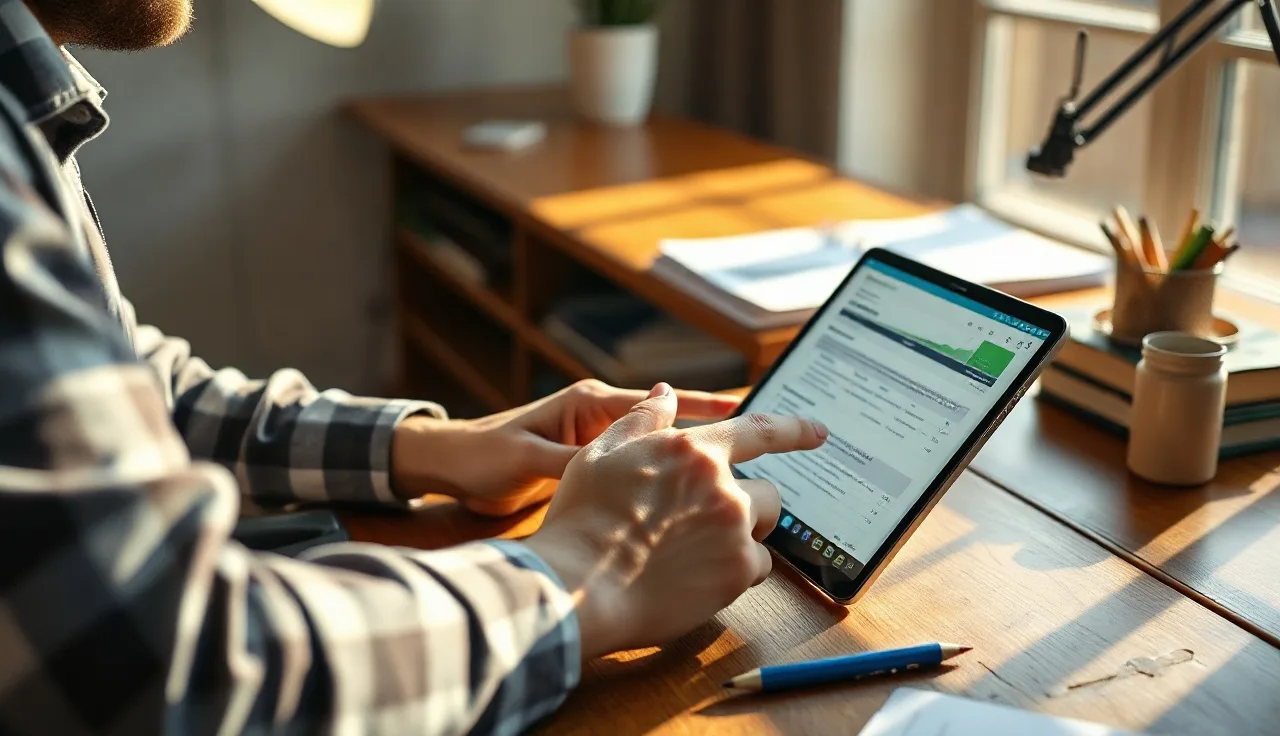 Person submitting a lead form on smartphone at a wooden desk, afternoon light