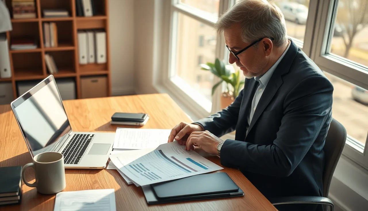 Compliance manager reviewing affiliate lead records and spreadsheets at a desk