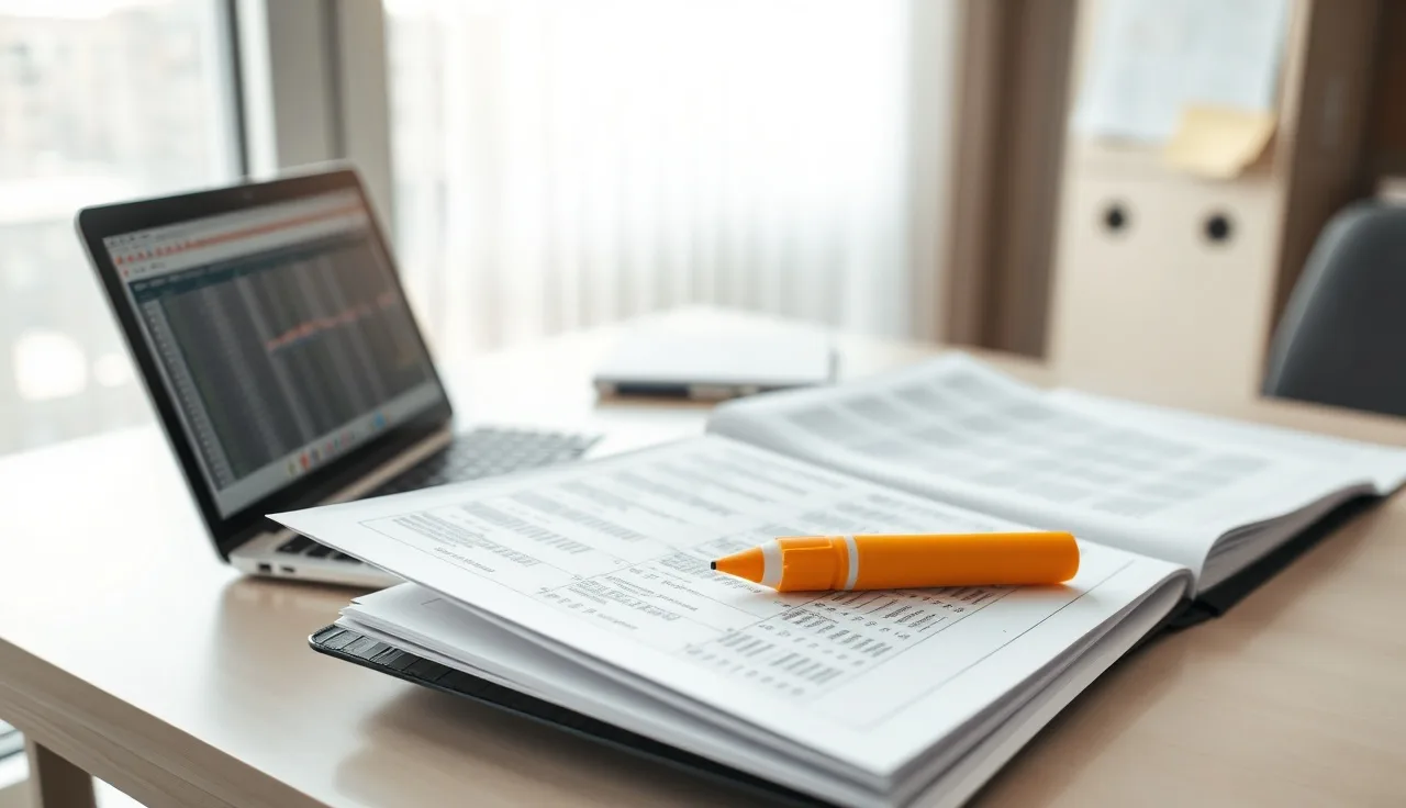 Compliance officer reviewing lead database records on a desk with printed spreadsheets