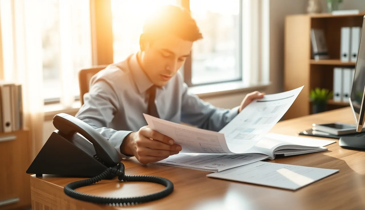 Sales professional reviewing outbound contact sheets at a wooden desk with a telephone