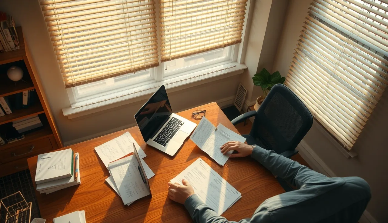 Person reviewing consent records at a desk with organized files and laptop