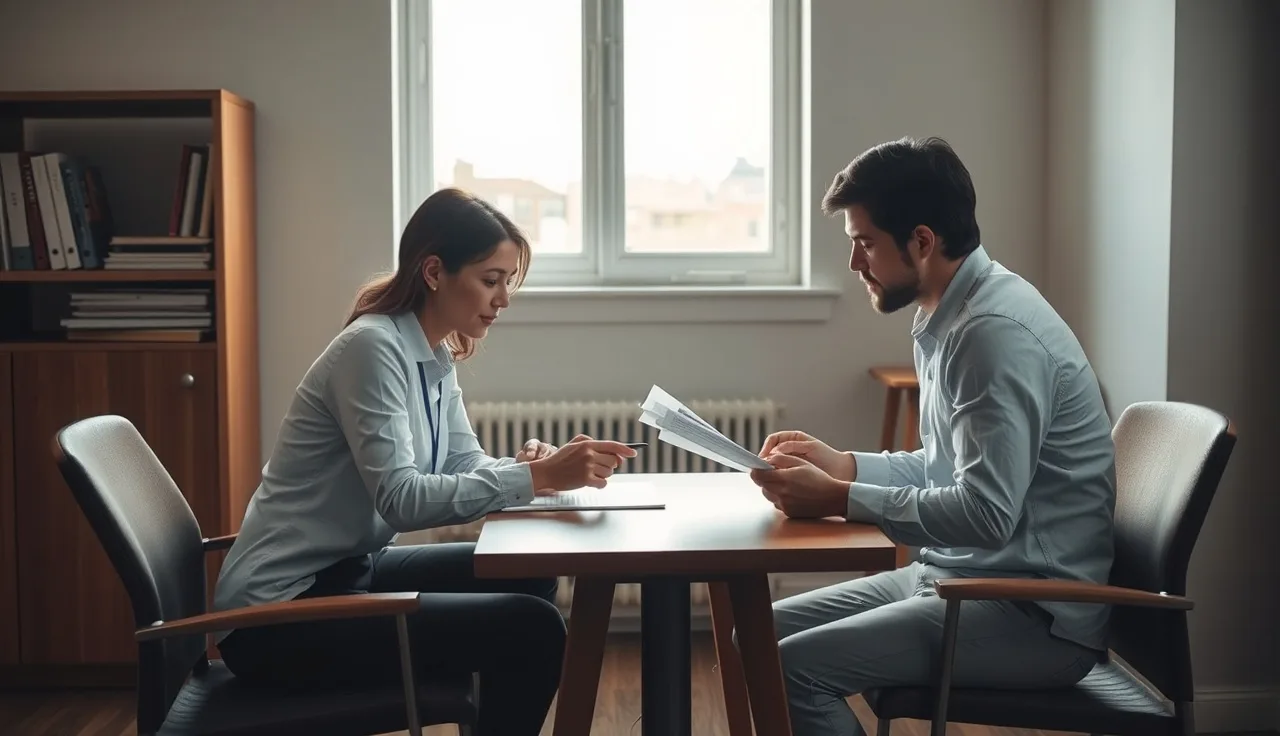 Two people reviewing a consent form together at a small office table
