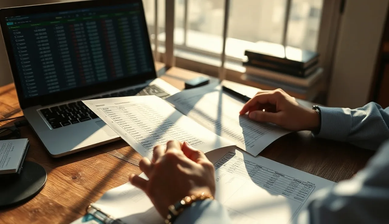 Hands reviewing printed consent records beside a laptop with timestamped data rows