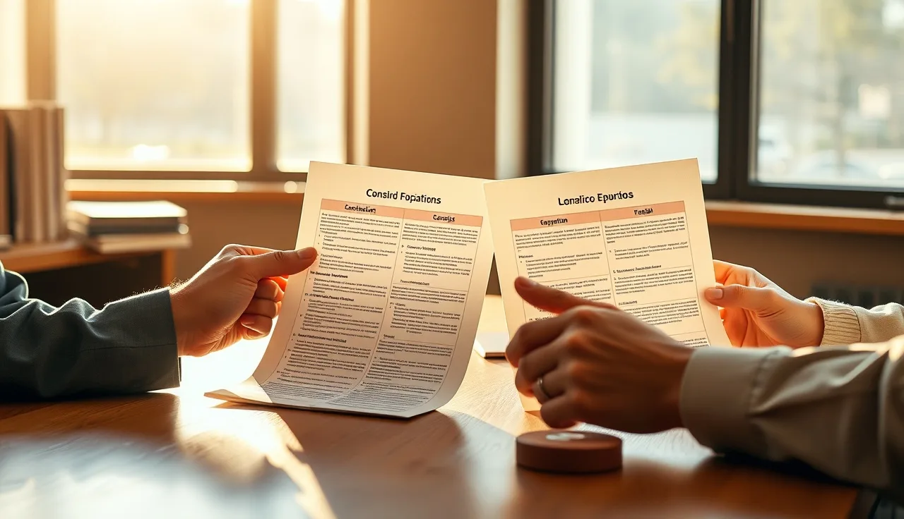 Two people comparing two printed consent forms side by side at a desk