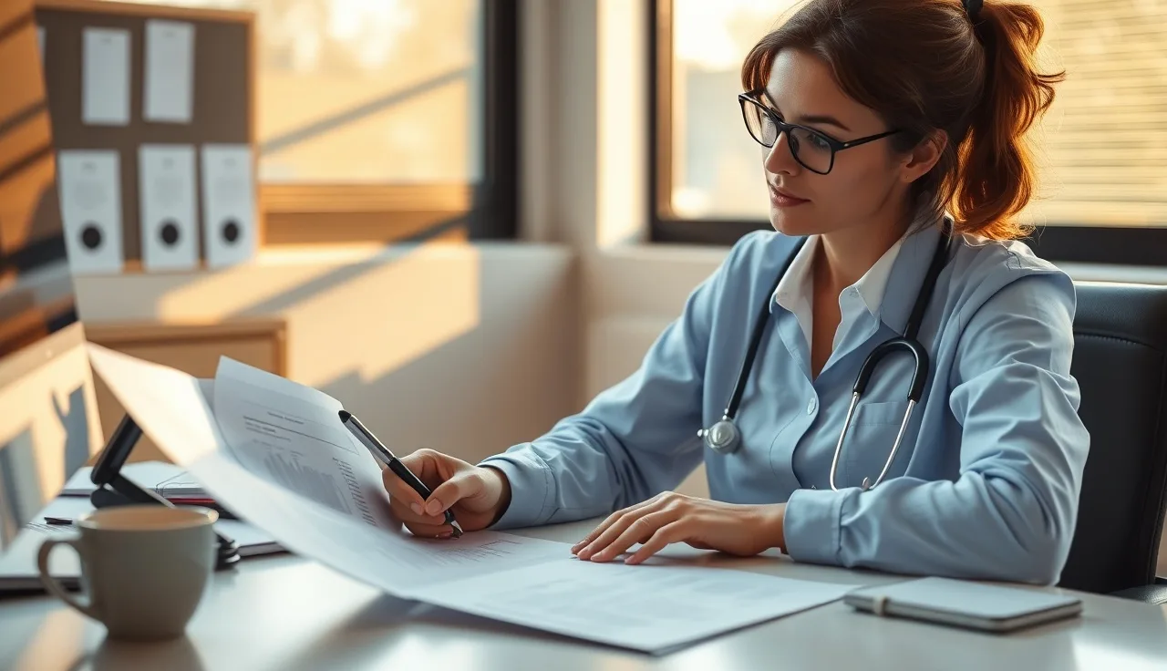 Healthcare administrator reviewing patient intake consent forms at a desk