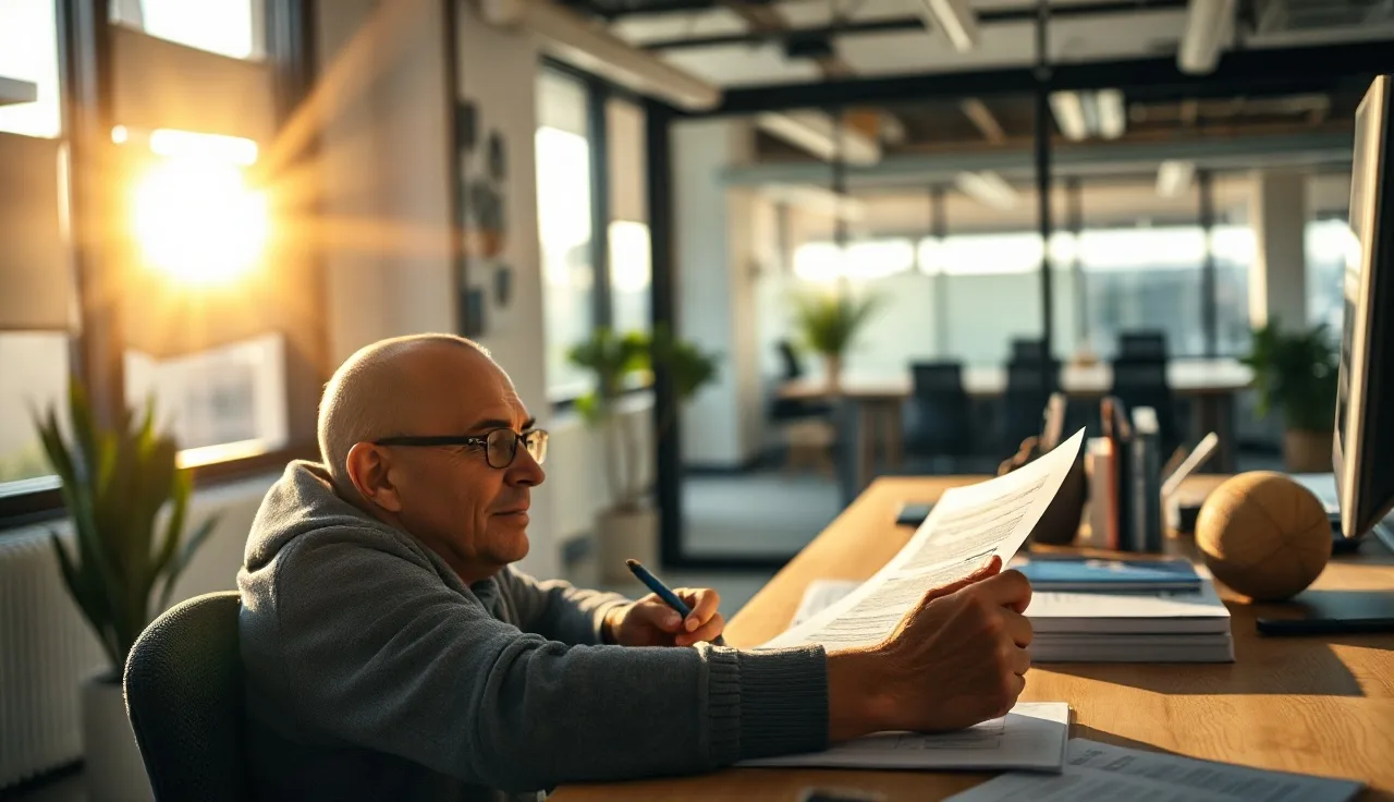 Person reviewing a consent form at a sunlit office desk before a referral call