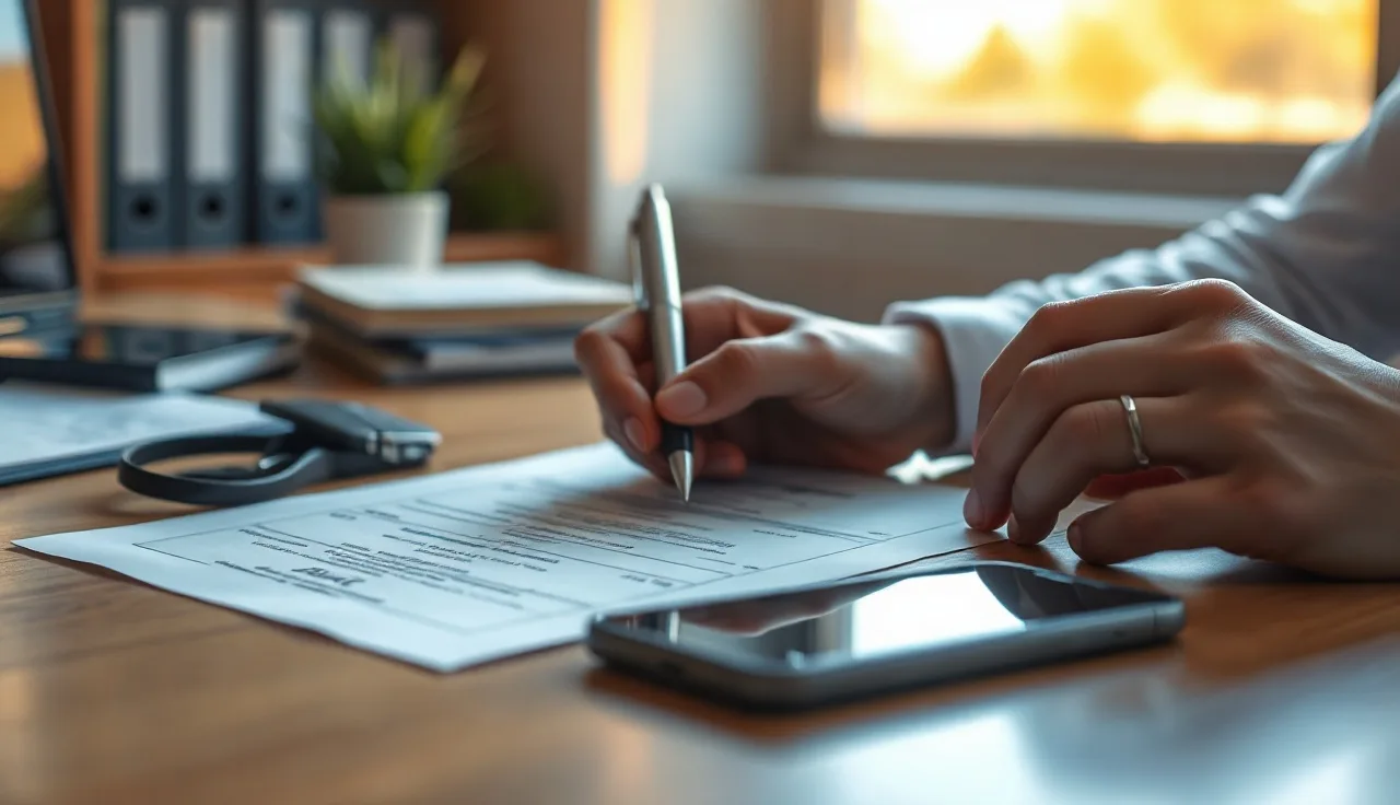 Hands completing a consent form on a desk beside a smartphone