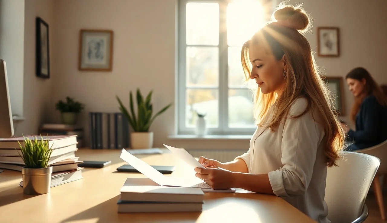 Woman at a home office desk reviewing compliance documents before making calls