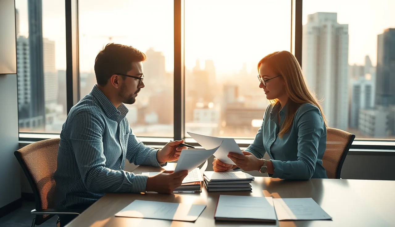 Two compliance team members reviewing cross-border calling consent documents at a shared desk