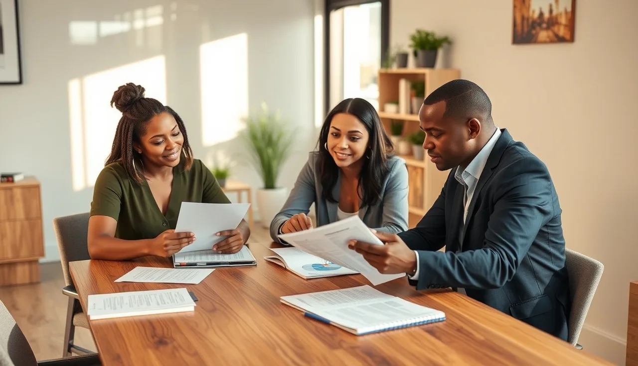 Three people reviewing compliance documents at a conference table for a multilingual outbound call campaign