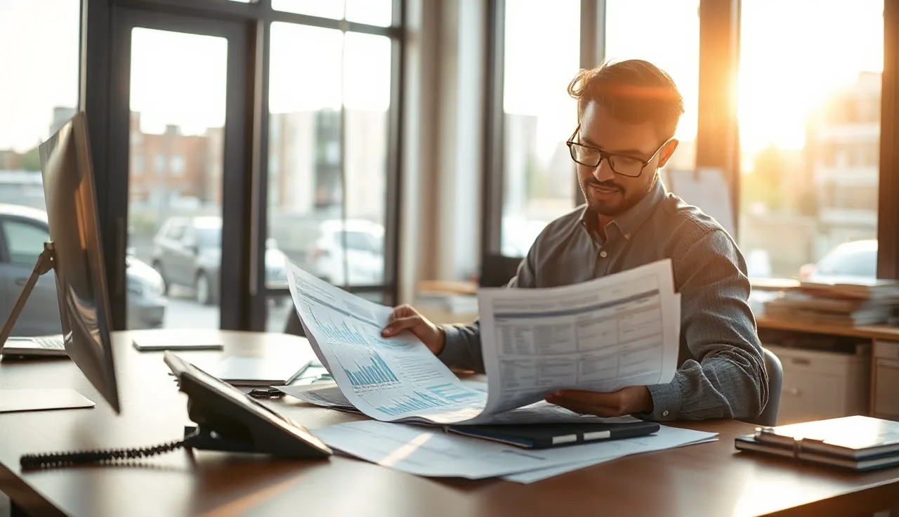 Person reviewing lead records at office desk beside a telephone