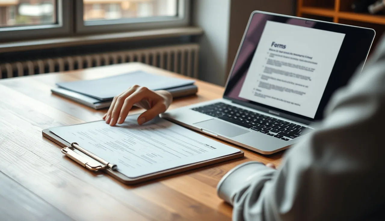 Person reviewing paper consent documents at desk alongside open laptop for TCPA compliance