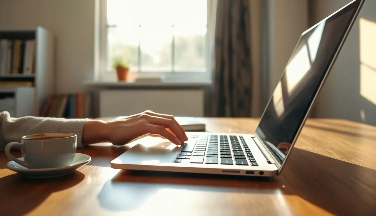 Hands typing on a laptop while managing outbound contact consent status records