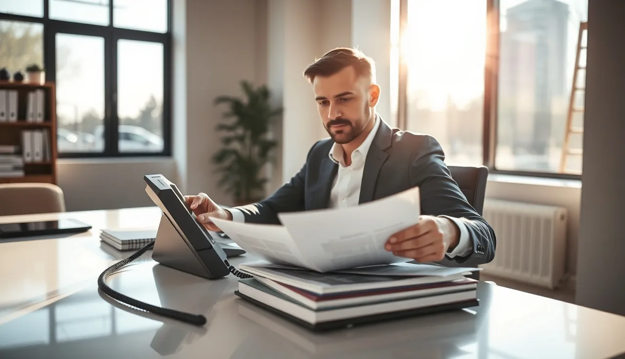Insurance sales agent reviewing compliance documents at a desk with a telephone