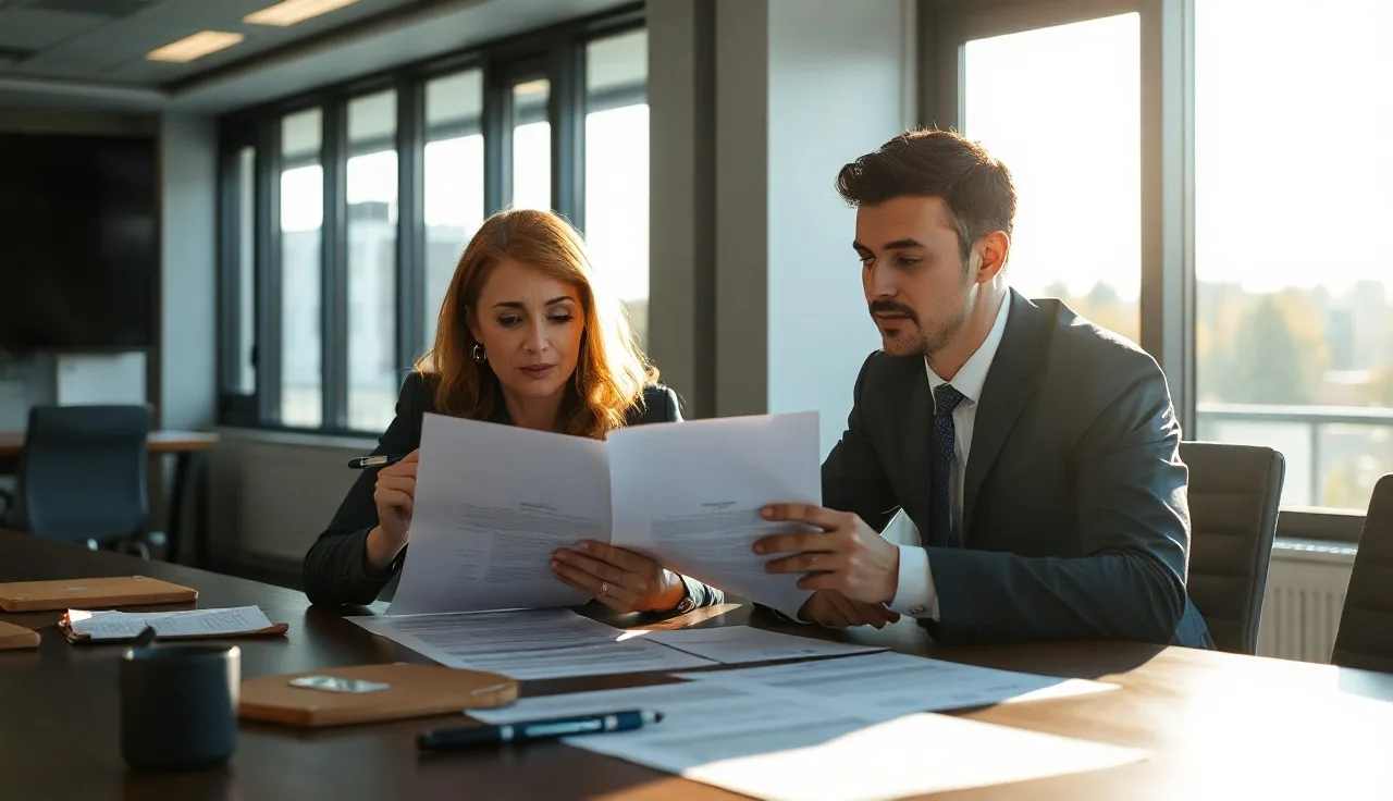 Two professionals reviewing a lead vendor contract at a conference table