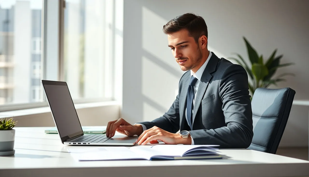 Professional reviewing compliance documents at a well-lit office desk, TCPA live transfer paperwork visible