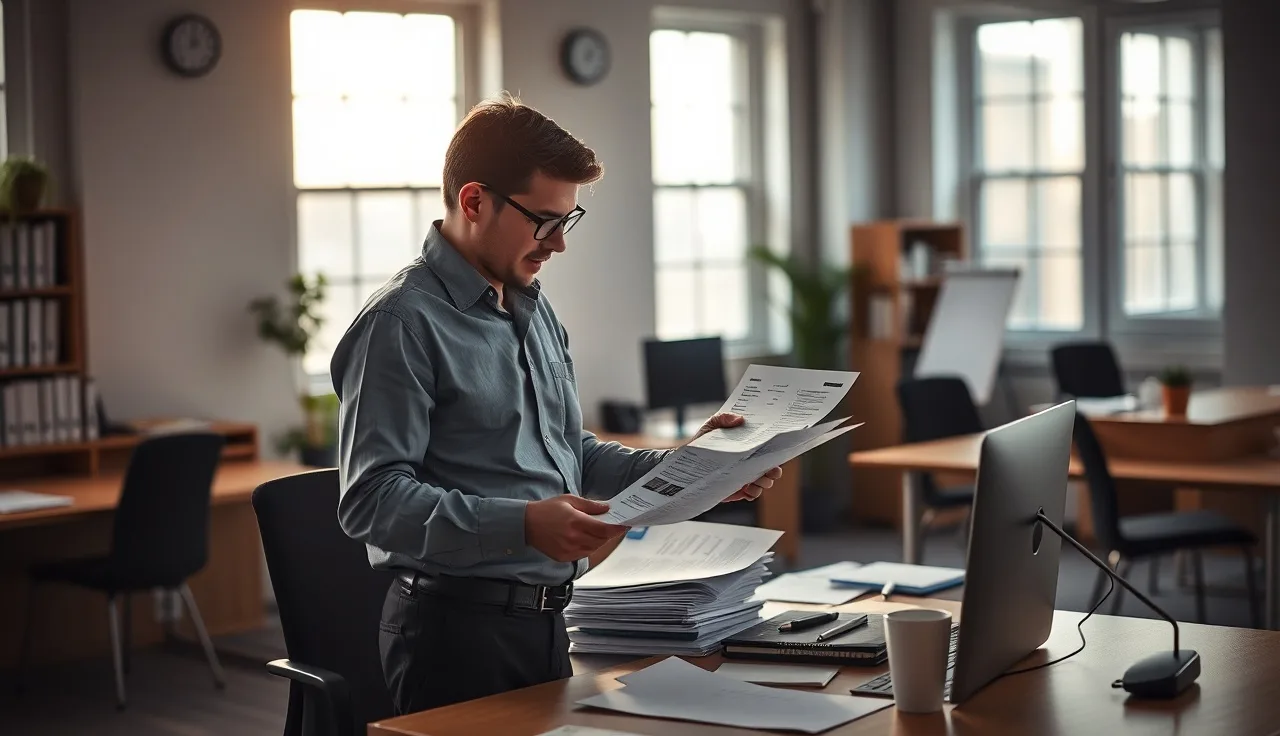 Compliance manager reviewing call logs at a standing desk in morning light