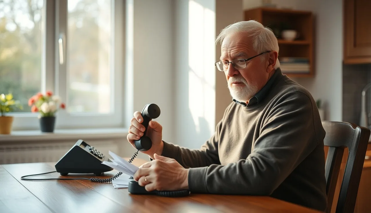 Older man at kitchen table holding telephone reviewing Medicare supplement papers