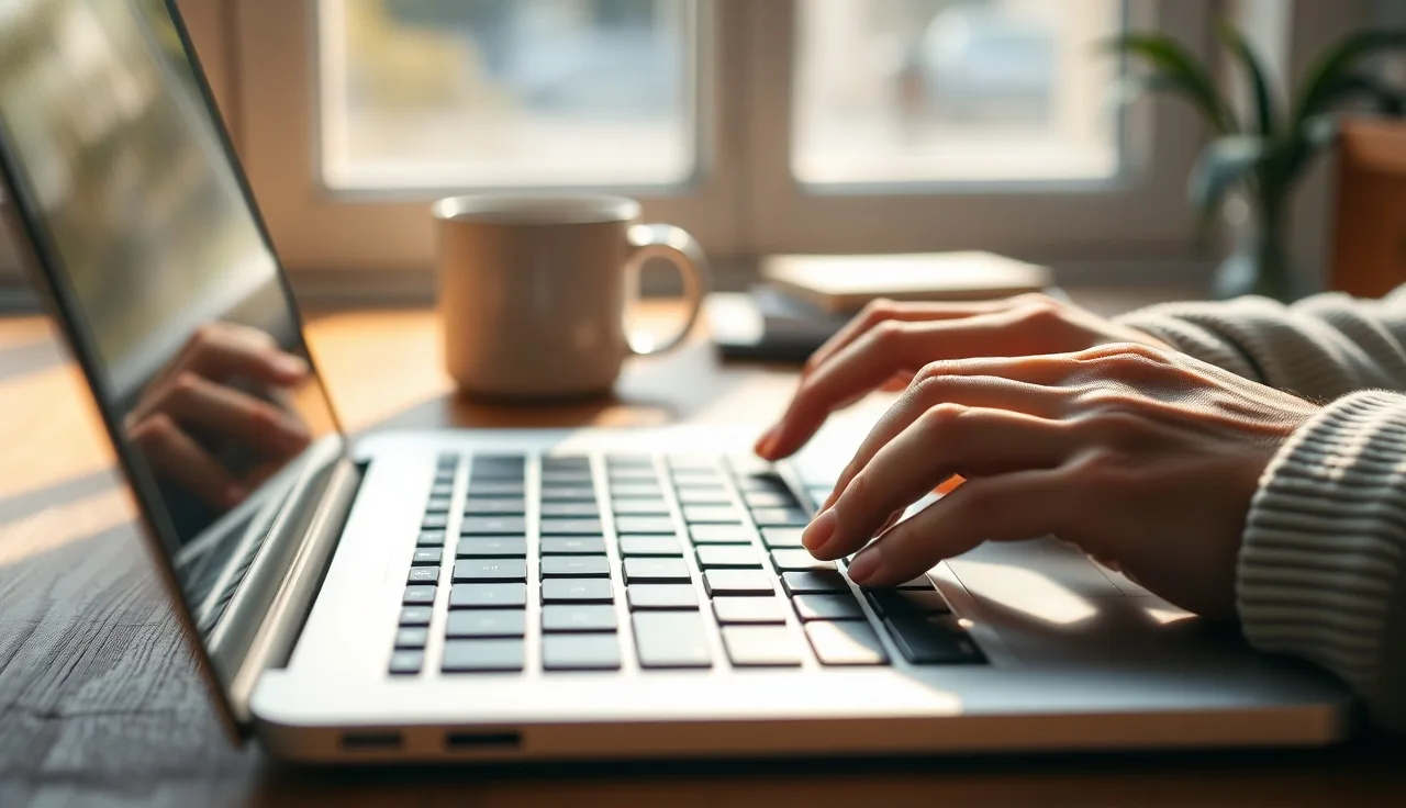 Hands typing on laptop keyboard at wooden desk with morning window light