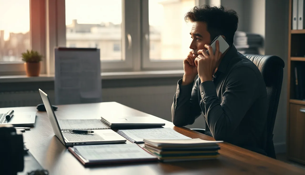 Person on a phone call at a desk reviewing compliance documents under warm afternoon light