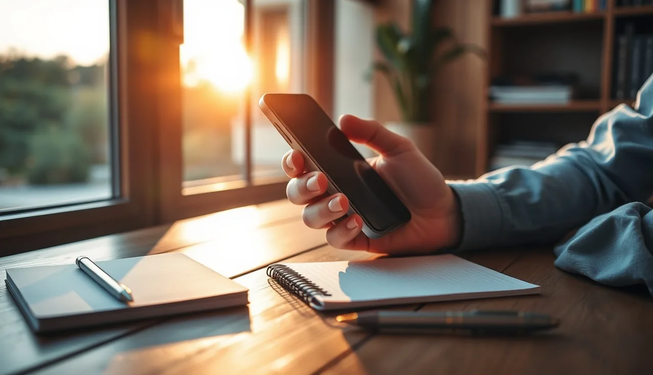 Hands holding a smartphone on a desk, representing SMS opt-in consent practices