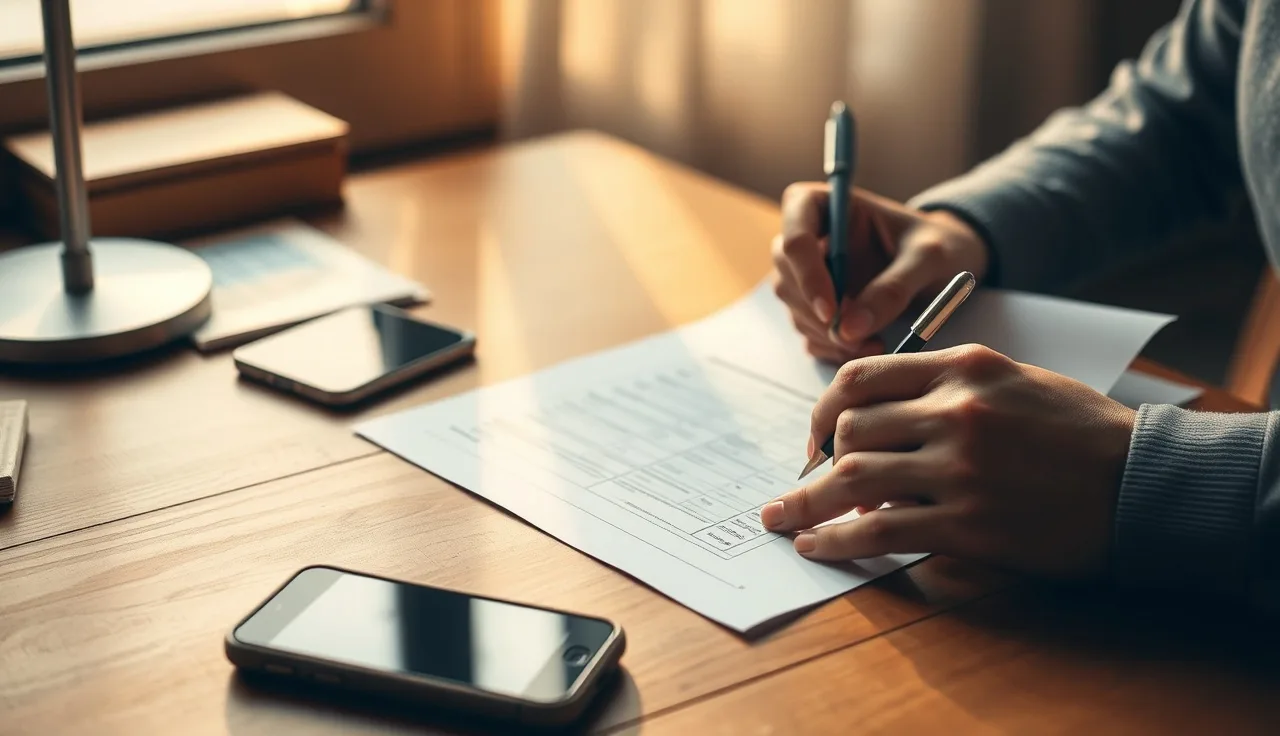 Hands completing a consent form at a desk with a smartphone nearby for lead compliance