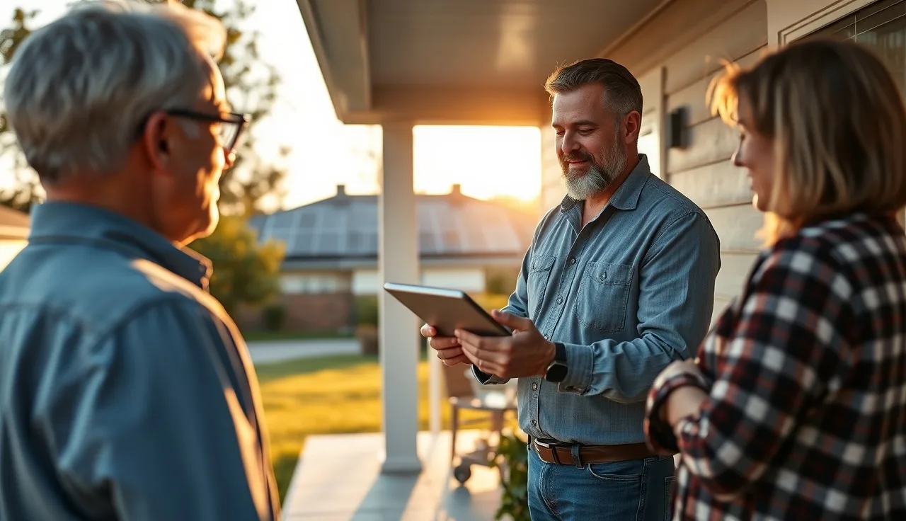 Solar rep showing consent form on tablet to homeowner at front door